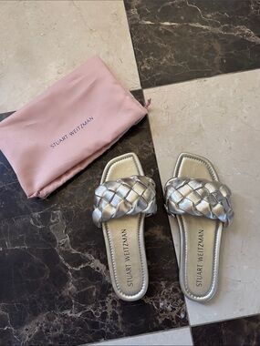 Stuart Weitzman Metallic Silver Braided Slide Sandals